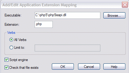 IIS PHP application mapping dialog