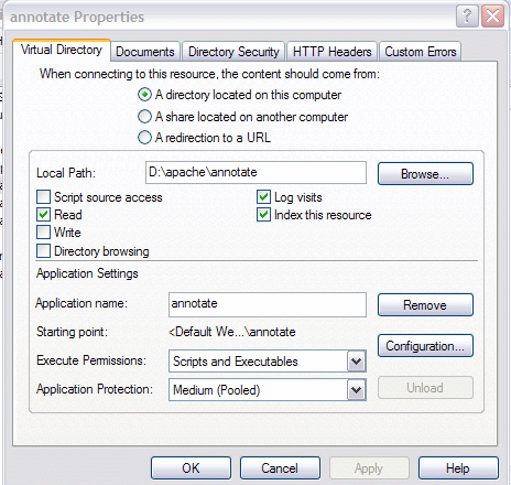 IIS Properties dialog